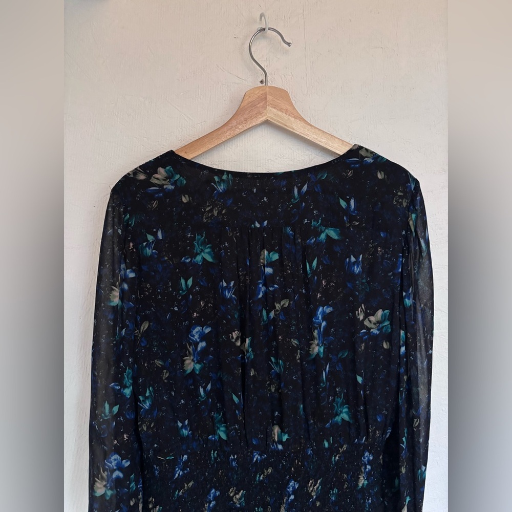 Anthropologie Blue Floral Long Sleeve V Neck Ruched Flowy Mini Boho Dress - Picture 11 of 14